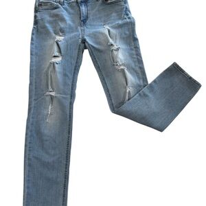 Enjean light wash stretchy distressed skinny jeans, rips tears, 5 pockets, 13.